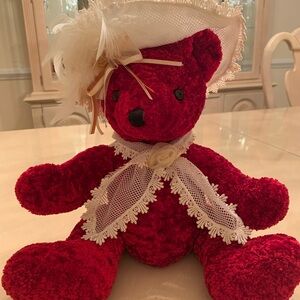 Victorian Red Teddy Bear with Lace Hat!